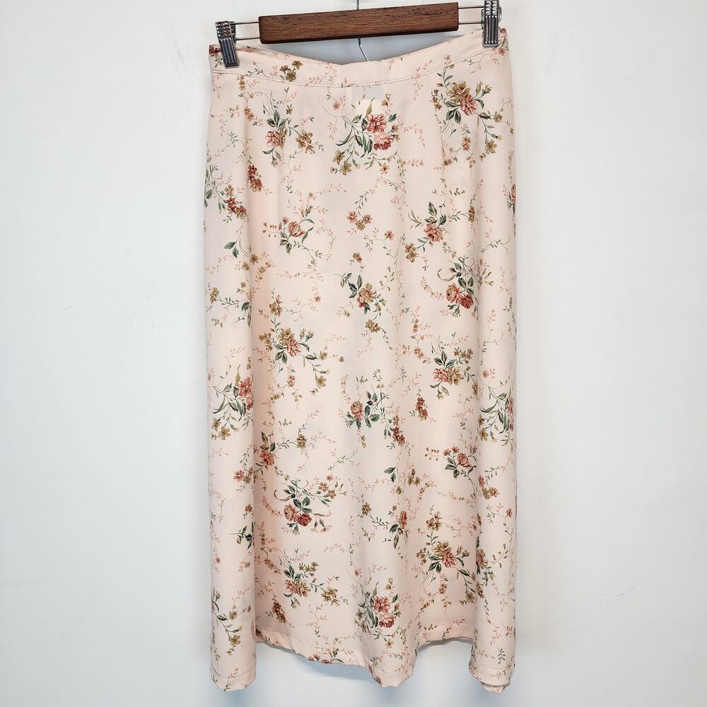 Vintage Kate Allen Floral Midi Skirt Size 12P Petite 28" Light Pink Cottagecore